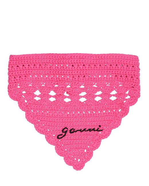 Ganni Pink Cotton Crochet Bandana W/ Logo