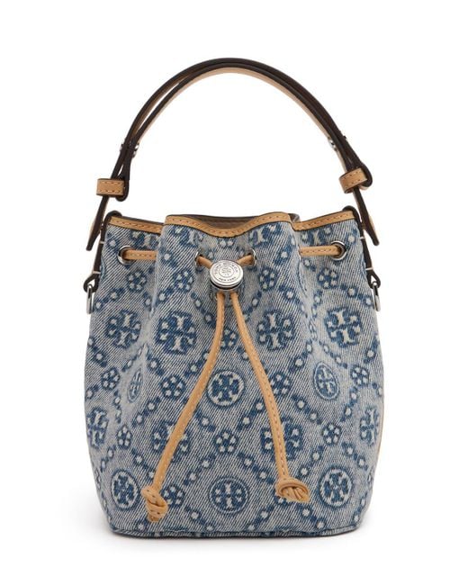 Tory Burch Mini T Monogram Denim Bucket Bag in Blue | Lyst