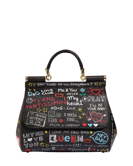 Dolce & Gabbana Black Medium Sicily Graffiti Leather Bag