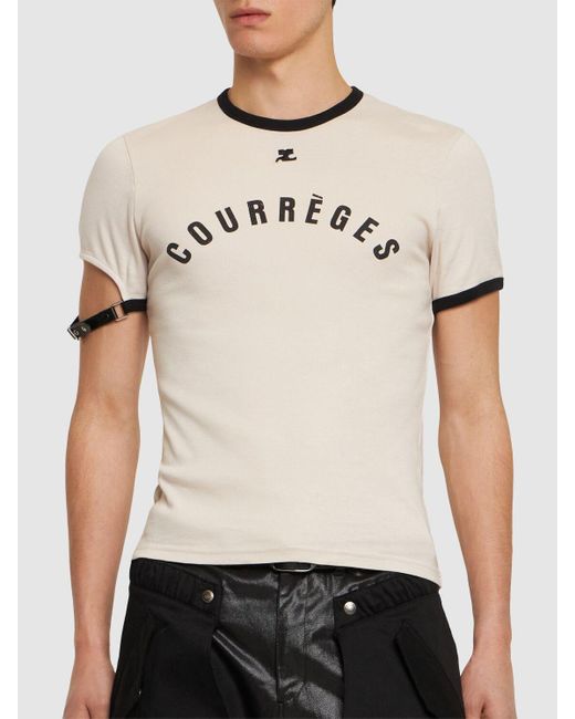 Courreges Natural Logo Print Cotton T-shirt W/buckle for men