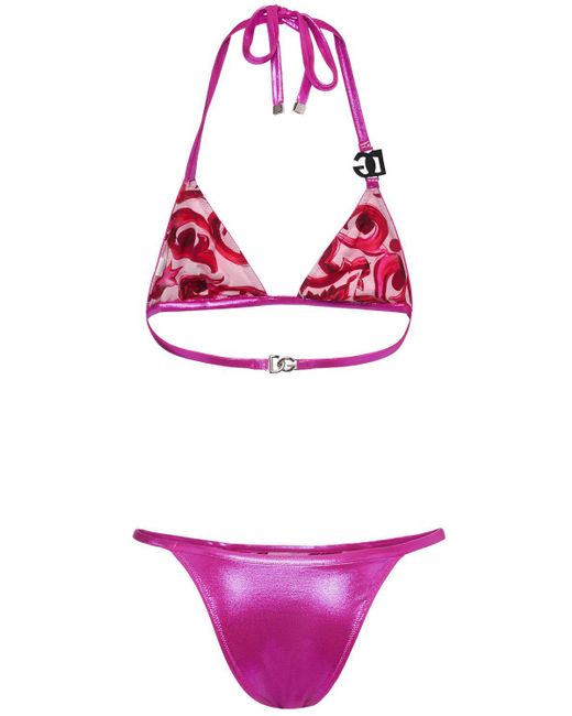 Dolce & Gabbana Purple Laminated Jersey Triangle Bikini Set