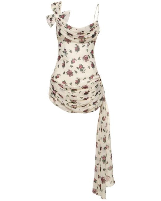 Alessandra Rich White Print Draped Silk Twill Mini Dress W/bow