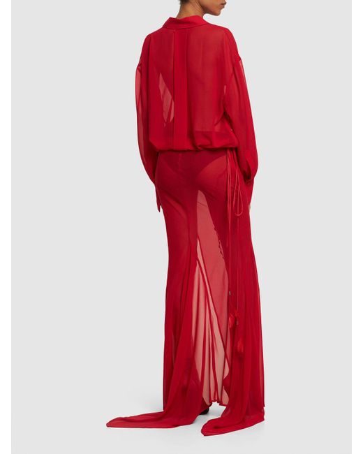 The Attico Red Georgette Long Sleeve Maxi Shirt Dress
