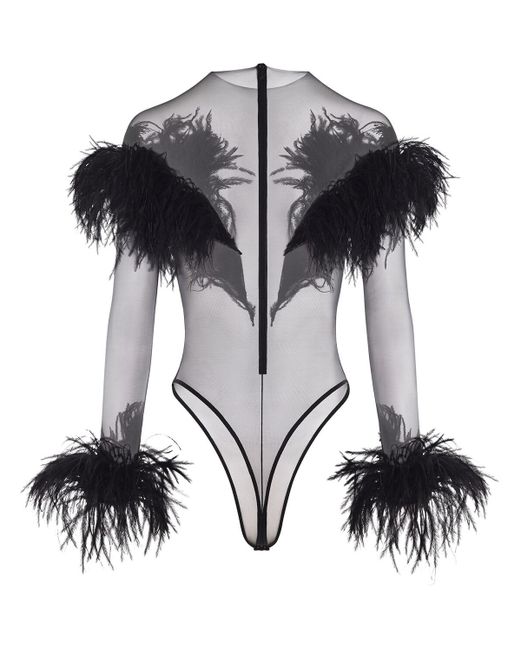 Mugler チュール&フェザーボディスーツ Black