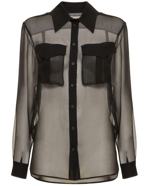 Alberta Ferretti Black Sheer Silk Chiffon Shirt W/High Pockets