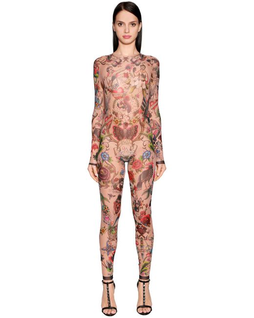 DSquared² Multicolor Tattoo Printed Stretch Tulle Jumpsuit