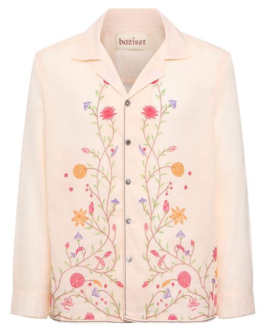 BAZISZT Pink Flower Embroidered Cotton Shirt for men