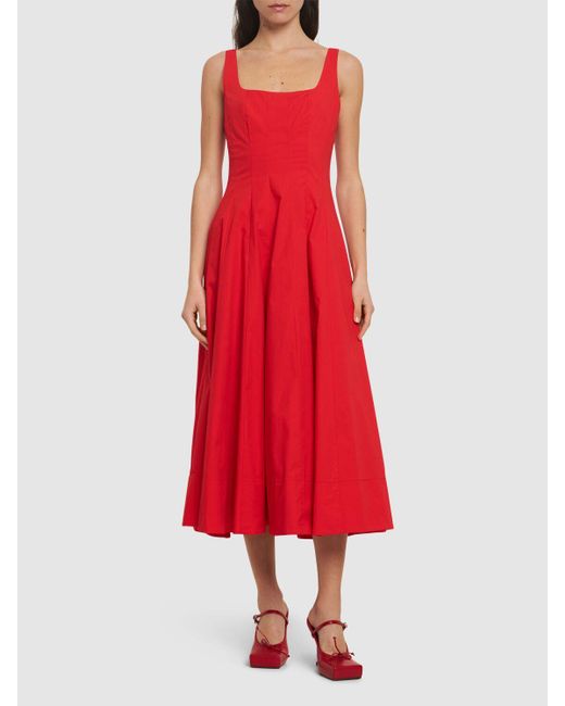 Staud Red Wells Pleated Stretch Cotton Midi Dress