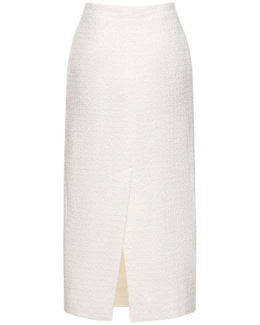 Alessandra Rich White High Waisted Tweed Bouclé Midi Skirt