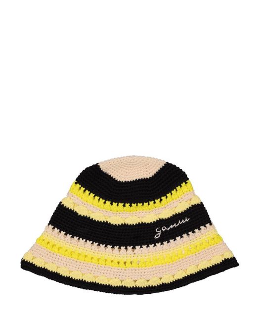 Ganni Yellow Cotton Crochet Bucket Hat W/ Logo