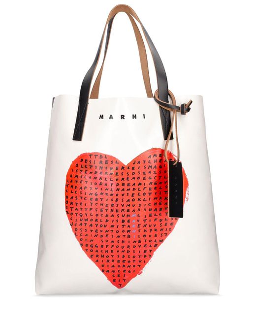 Marni Red Tall Heart Printed Tech Tote Bag