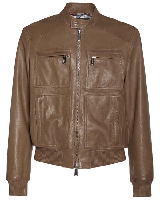 DSquared² Brown Rocco Siffredi Leather Zip Jacket for men
