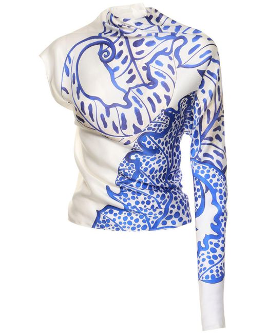 Ferragamo Blue One Sleeve Printed Silk Twill Top