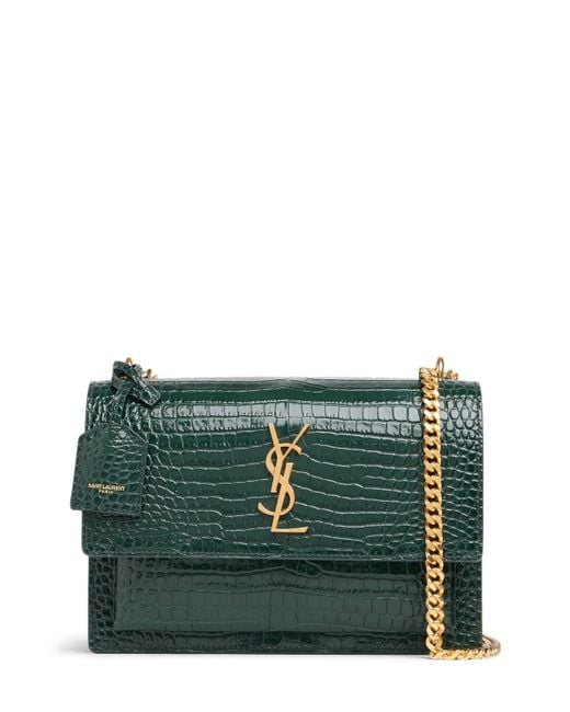 Saint Laurent Green Medium Sunset Croc Embossed Leather Bag