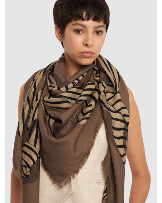 Totême  Brown Large Monogram Printed Wool & Silk Scarf