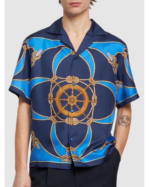 Bally Blue Marine Silk Bowling Shirt for men