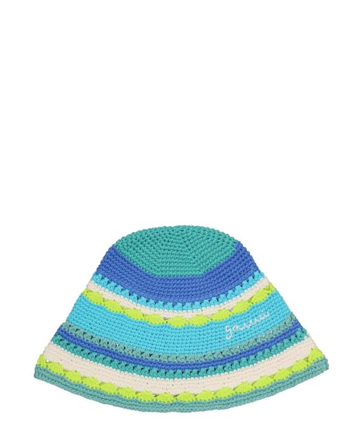 Ganni Blue Cotton Crochet Bucket Hat