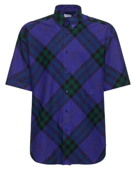 Camicia in cotone check con logo di Burberry in Blue da Uomo