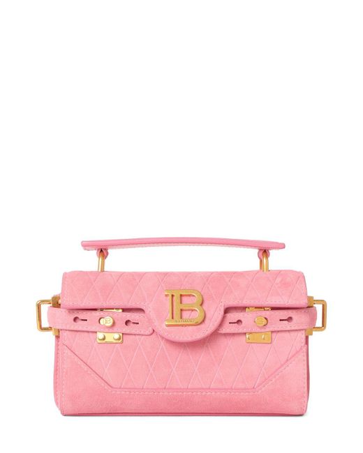 Balmain Pink B-Buzz 19 Embossed Suede Bag