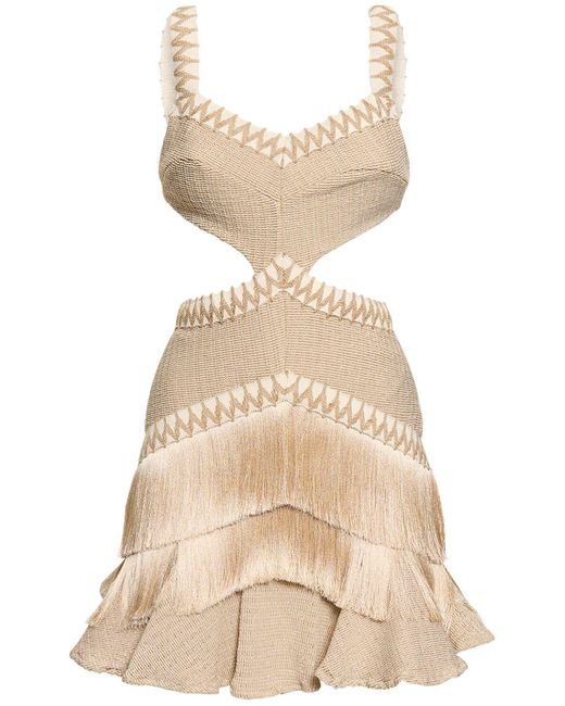 PATBO Natural Metallic Knit Fringed Mini Dress