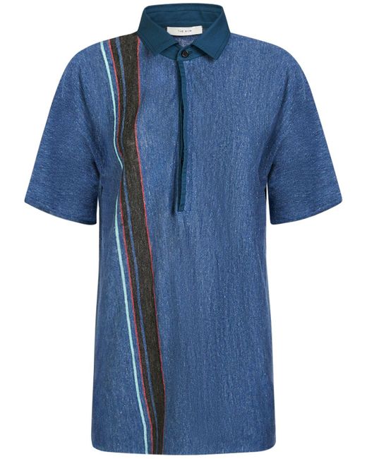 The Row Blue Eddie Linen Polo Shirt W/stripe