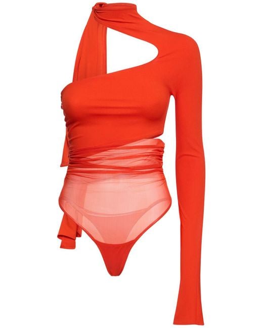 Mugler Red Asymmetric Jersey & Mesh Bodysuit