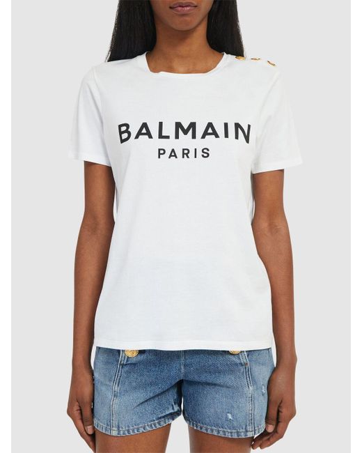Balmain Gray Logo Print Cotton T-Shirt