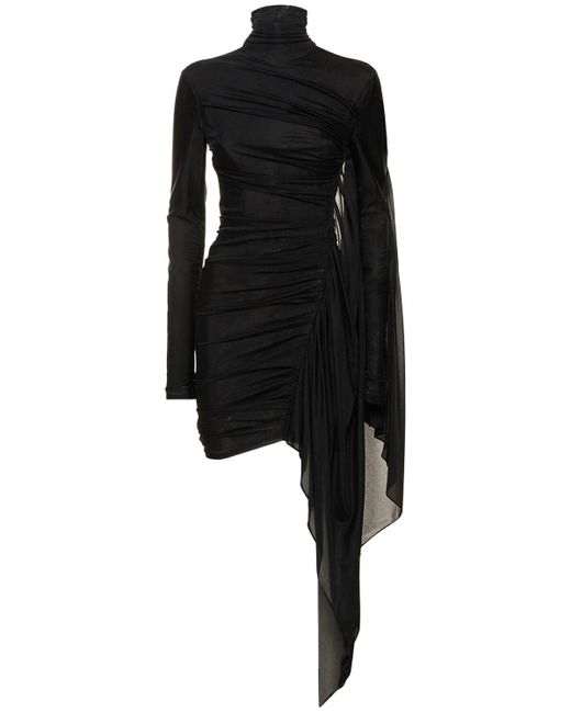 Mugler Black Draped Tulle & Jersey Midi Dress