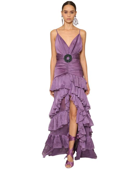RAISA & VANESSA Purple Ruffled Shiny Jersey & Chiffon Dress