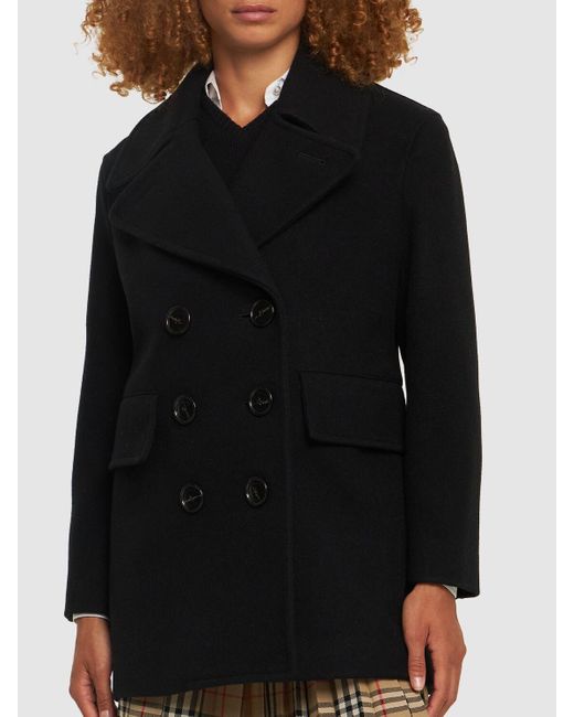 Burberry Black Ashwater Wool Double Breasted Peacoat