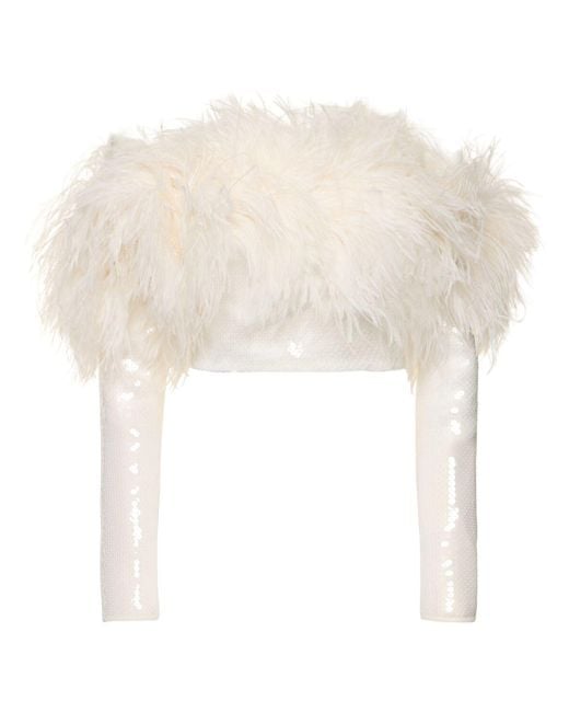 David Koma White Damen Oberteil Mit Pailletten, Federborte Und Ärmeln