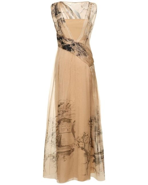 Alberta Ferretti Natural Printed Silk Organza Long Dress