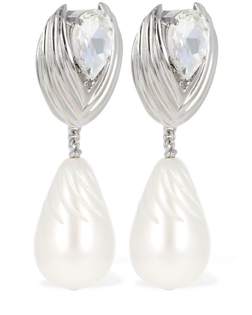 Alessandra Rich White Crystal Earrings W/ Pearl Pendant