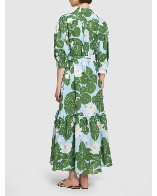 Borgo De Nor Green Bianca Print Cotton & Linen Long Dress