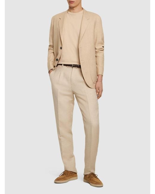 Zegna Natural Linen & Wool Pleated Pants for men
