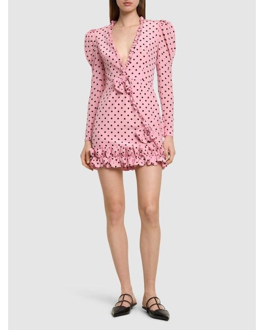 Alessandra Rich Pink Polka Dot Print Ruffled Silk Mini Dress