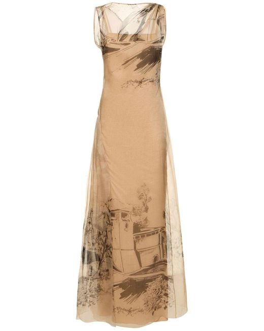 Alberta Ferretti Natural Printed Silk Organza Long Dress