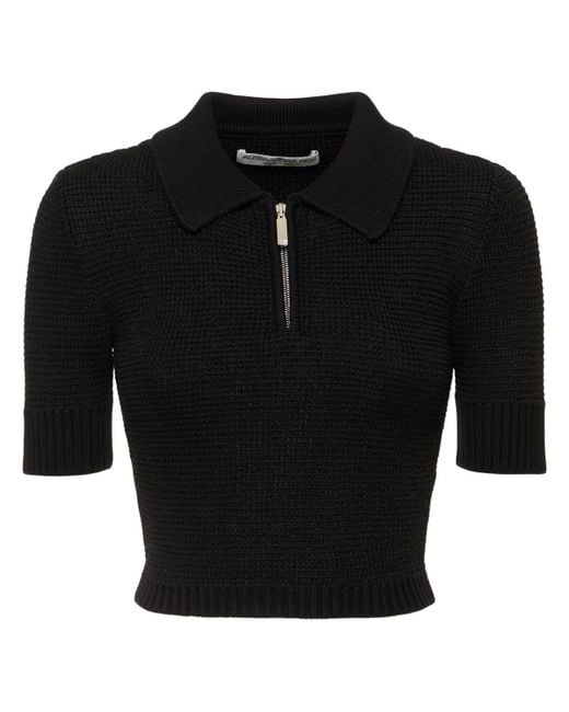 Alessandra Rich Black Sequined Cotton Blend Knit Polo W/ Zip