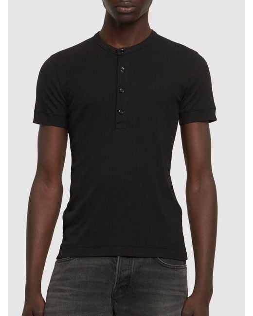 Tom Ford Geripptes Henley-t-shirt Aus Baumwolle & Lyocell in Black für Herren