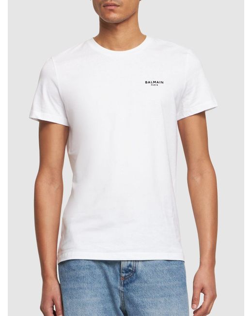 Camiseta De Algodón Orgánico Con Logo Floqueado Balmain de hombre de color White