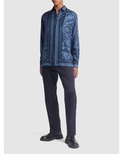 Camicia barocco in twill di seta stampato di Versace in Blue da Uomo