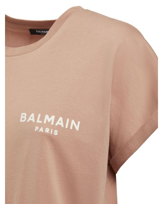 Balmain Natural T-shirt Aus Baumwolljersey Mit Beflocktem Logo