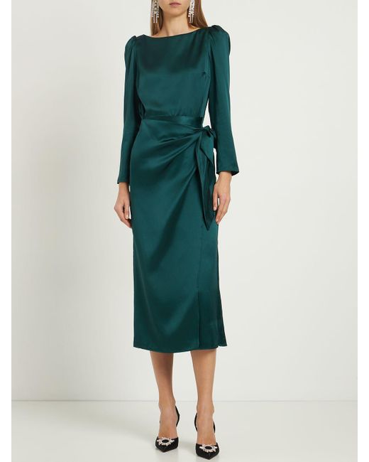 Reformation Green Cassis Silk Satin Long Sleeve Midi Dress