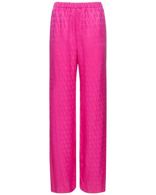 Valentino Pink Silk Jacquard Logo Straight Pants