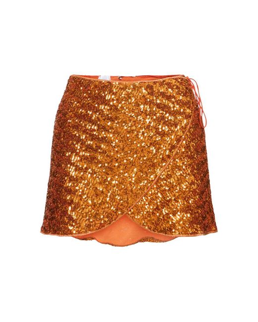 Oseree Orange Sequined Wrap Mini Skirt