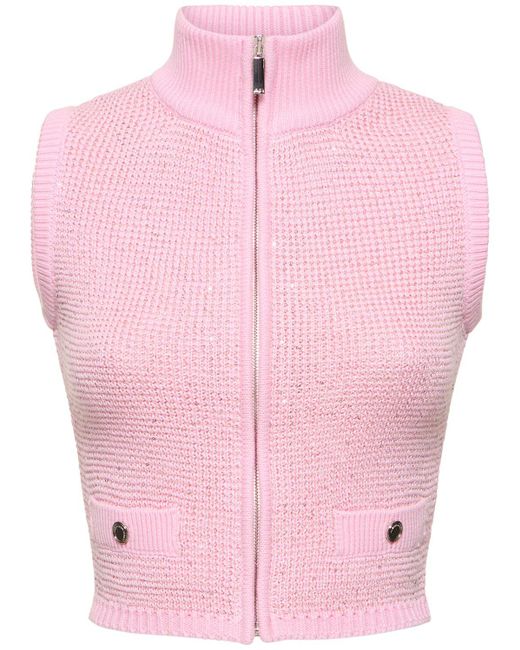 Gilet a collo alto in maglia con paillettes e zip di Alessandra Rich in Pink