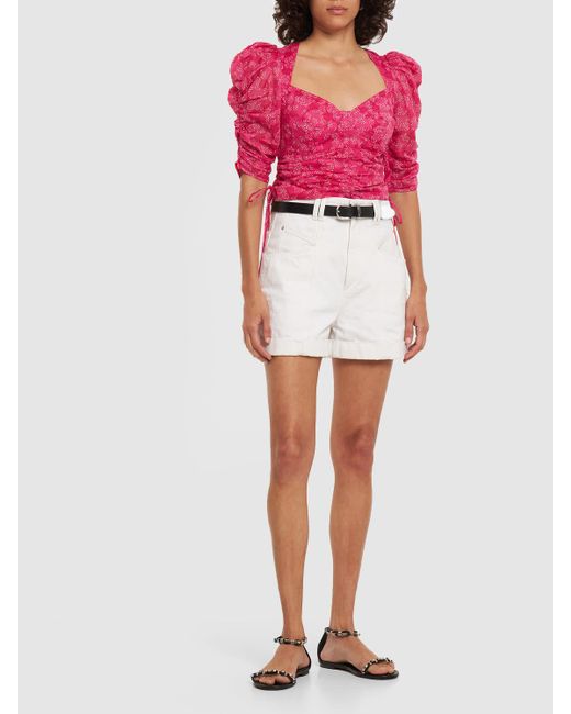 Isabel Marant Pink Galaor Puff Sleeve Cotton Crop Top