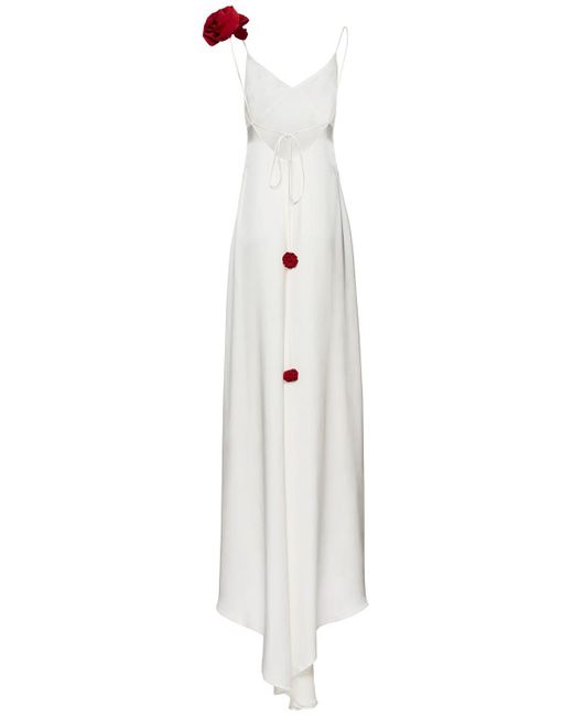 Magda Butrym White Satin Silk Long Dress W/ 3D Rose Detail