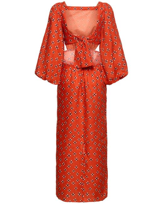 Johanna Ortiz Red Printed Linen Fla Sleeve Midi Dress