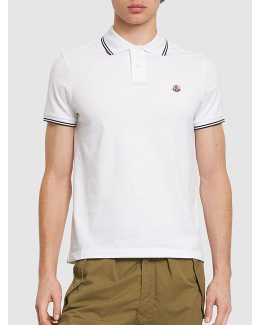 Moncler White Logo Patch Cotton Polo Shirt for men